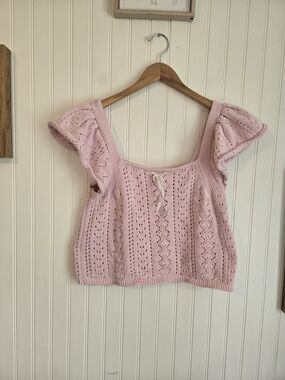 Haute Hippie Pale Pink Knit Lace-Up Flutter Sleeve Crop Top